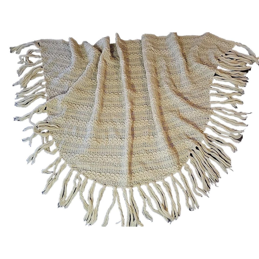 Vtg English Village Vintage Large Ivory Crochet Acrylic Fringe Scarf Japan